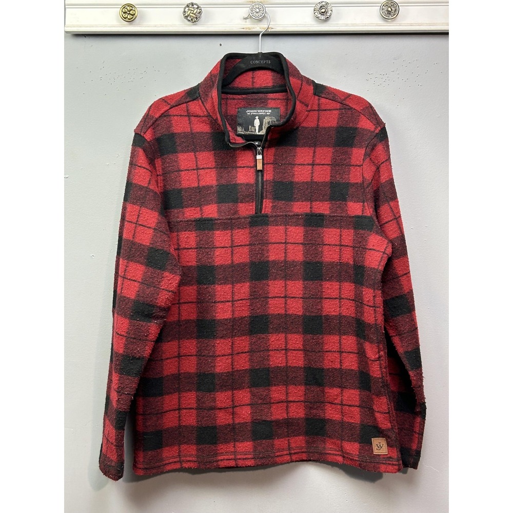 John Wayne Sweater Mens Medium Red Plaid 1/4 Zip Mock Neck Western Pullover
